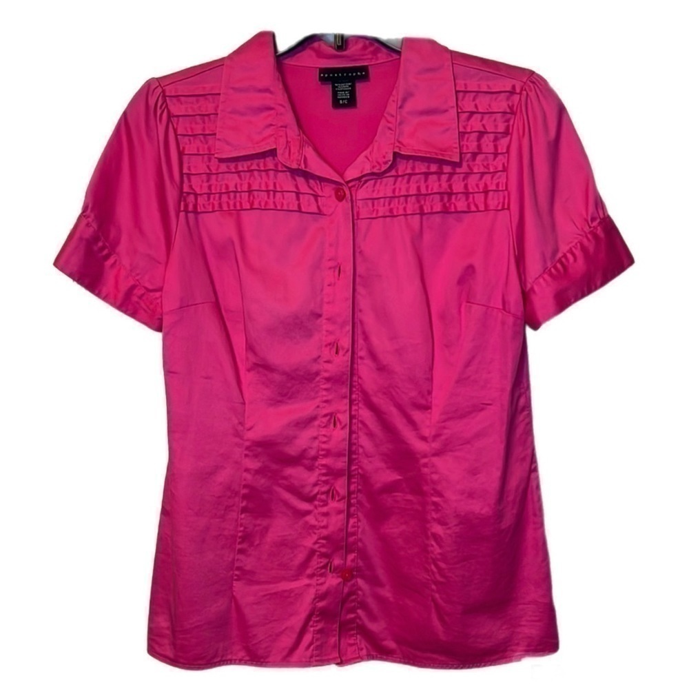 Anthropologie Apostrophe Pink Peasant Cottagecore Button Down Pleated Shirt Sz S